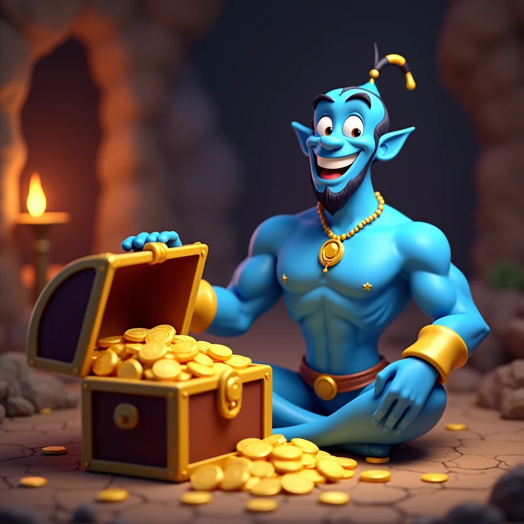 Genie guarding treasure chest of coins