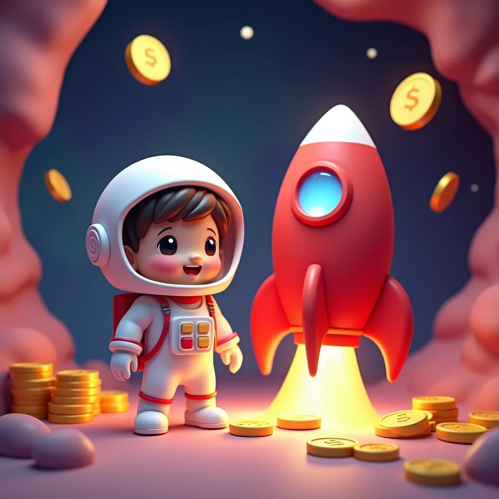 Astronaut with rocket and golden jackpot coins