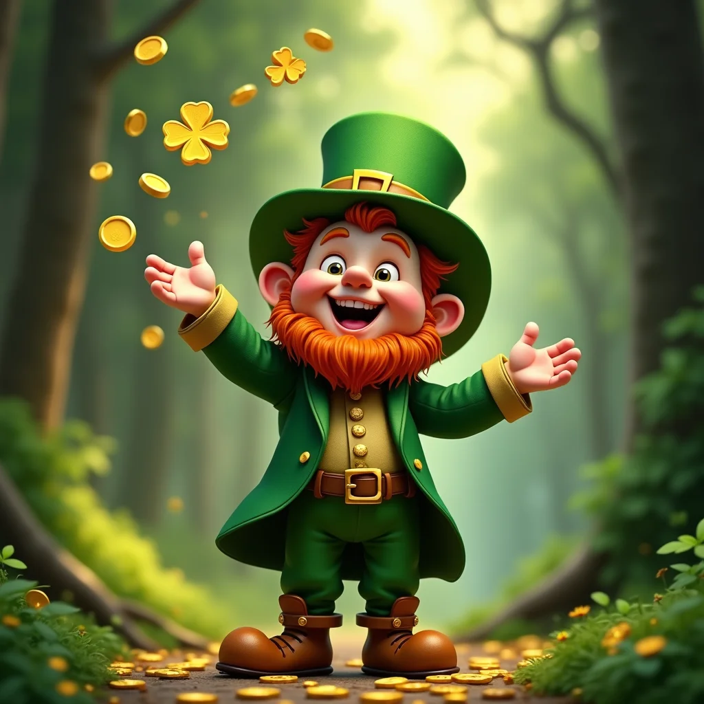 Lucky leprechaun throwing clover coins